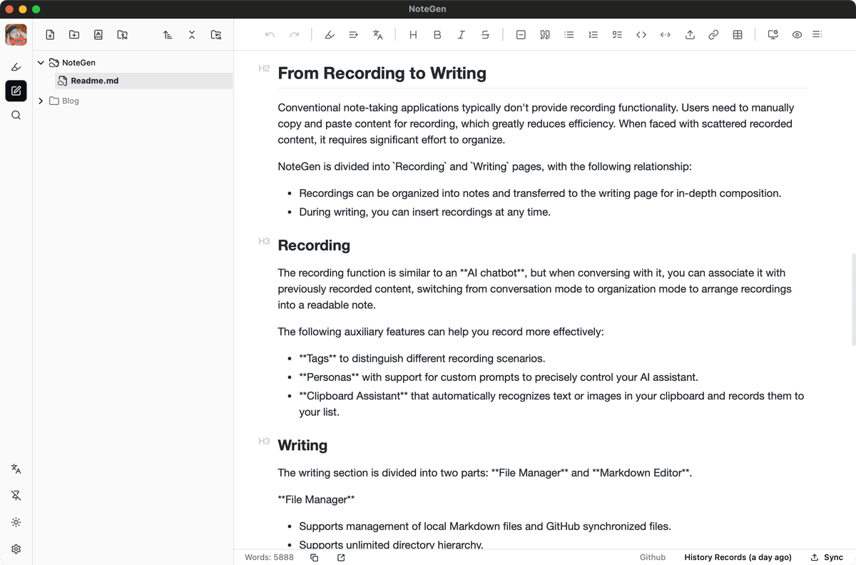 Writing interface with file manager and editor